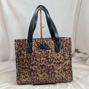 Kate Spade Black and Gold Sequin Shopper Style Tote Bag Leather Handles EUC